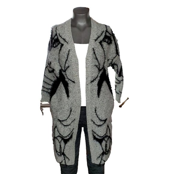 Vintage Gray Black Geometric Print 80's 90's Soft Angora Tunic Cardigan Sz S